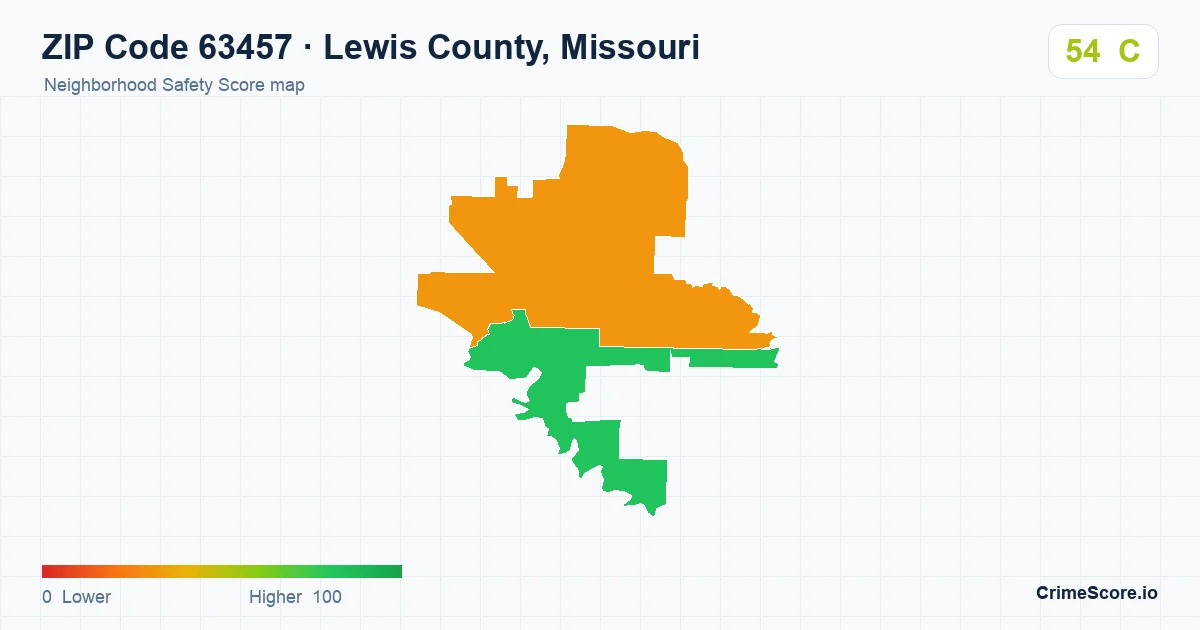 ZIP Code 63457 in Lewis County, Missouri neighborhood Safety Score map