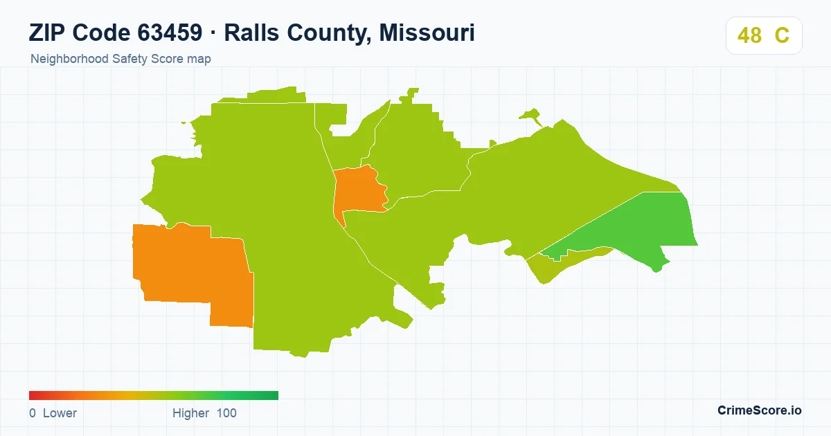 ZIP Code 63459 in Ralls County, Missouri neighborhood Safety Score map