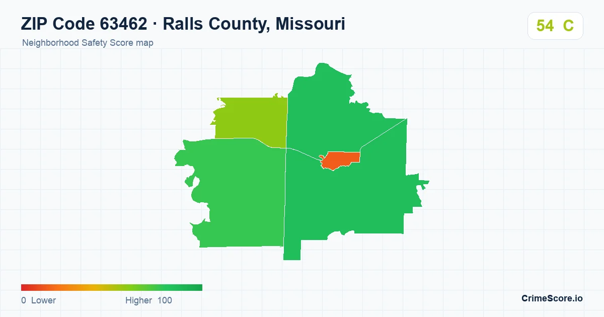 ZIP Code 63462 in Ralls County, Missouri neighborhood Safety Score map