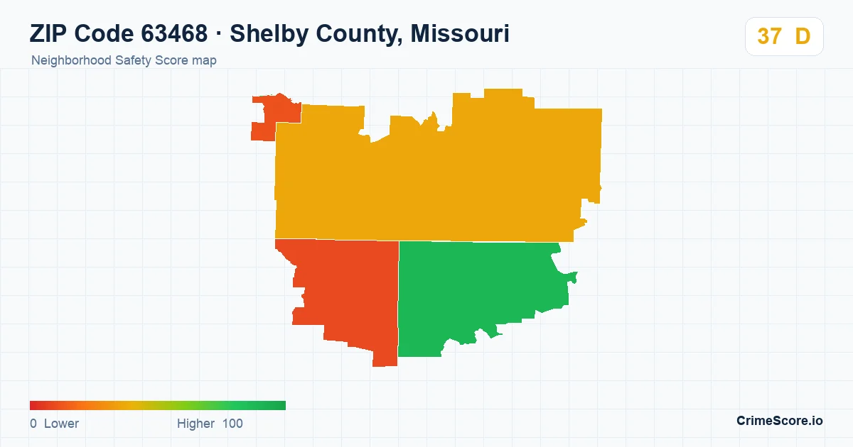 ZIP Code 63468 in Shelby County, Missouri neighborhood Safety Score map