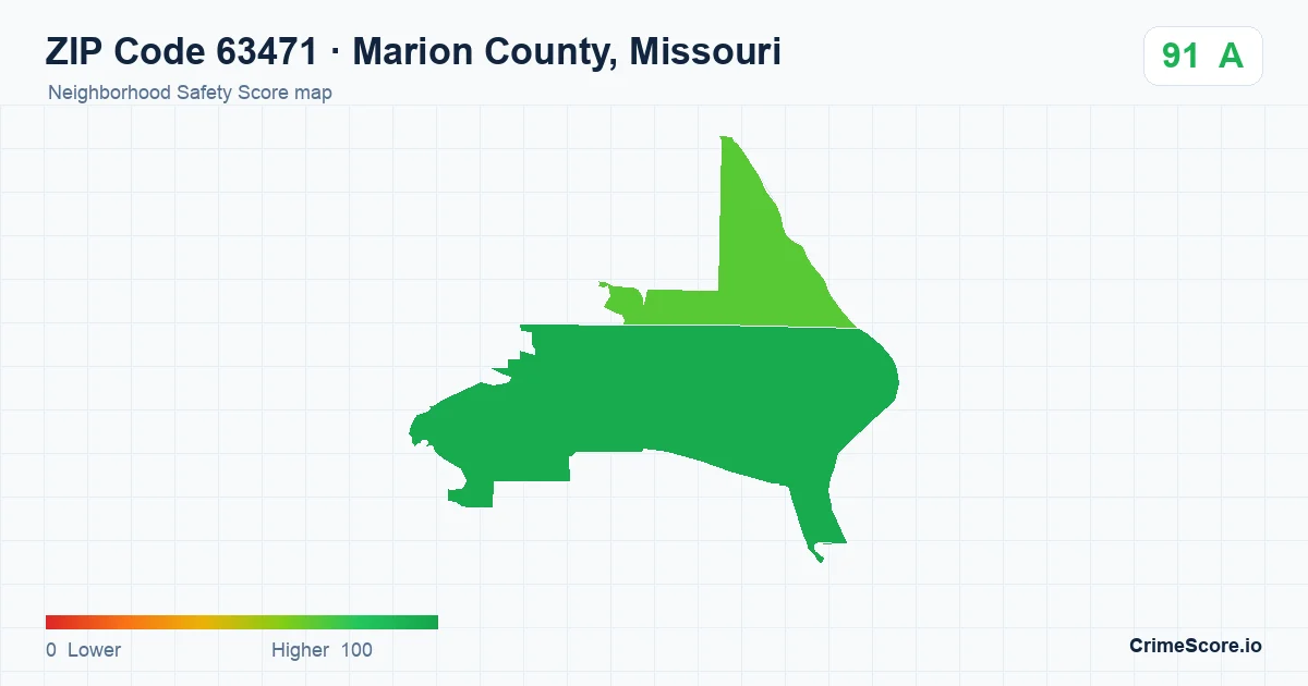 ZIP Code 63471 in Marion County, Missouri neighborhood Safety Score map