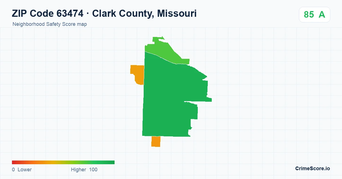 ZIP Code 63474 in Clark County, Missouri neighborhood Safety Score map
