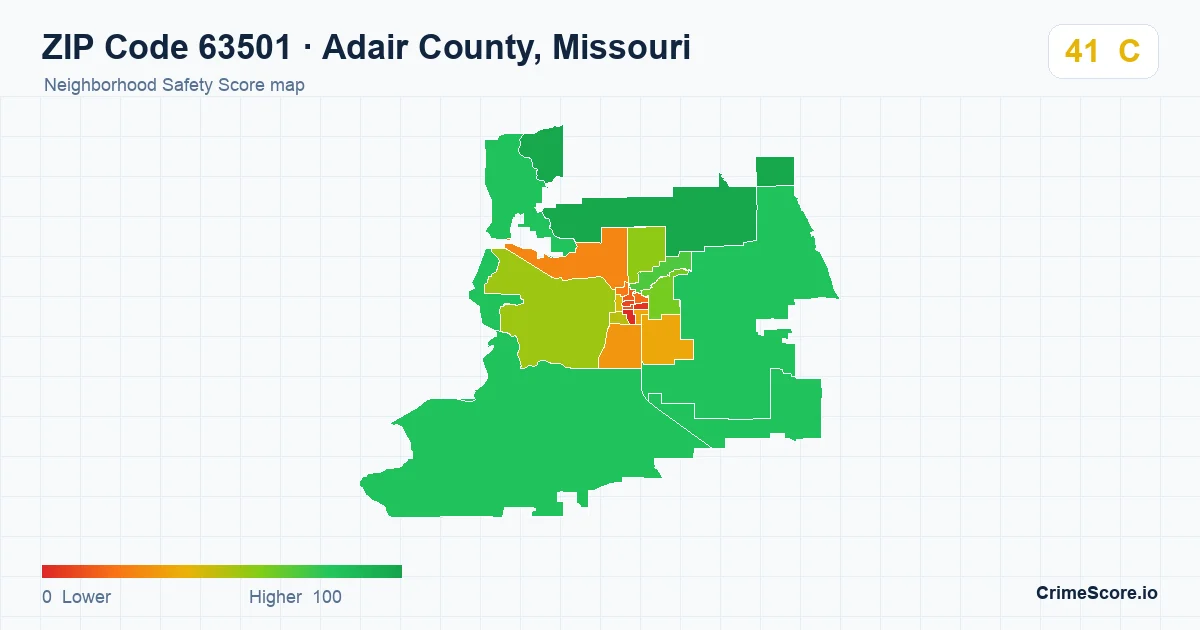 ZIP Code 63501 in Adair County, Missouri neighborhood Safety Score map