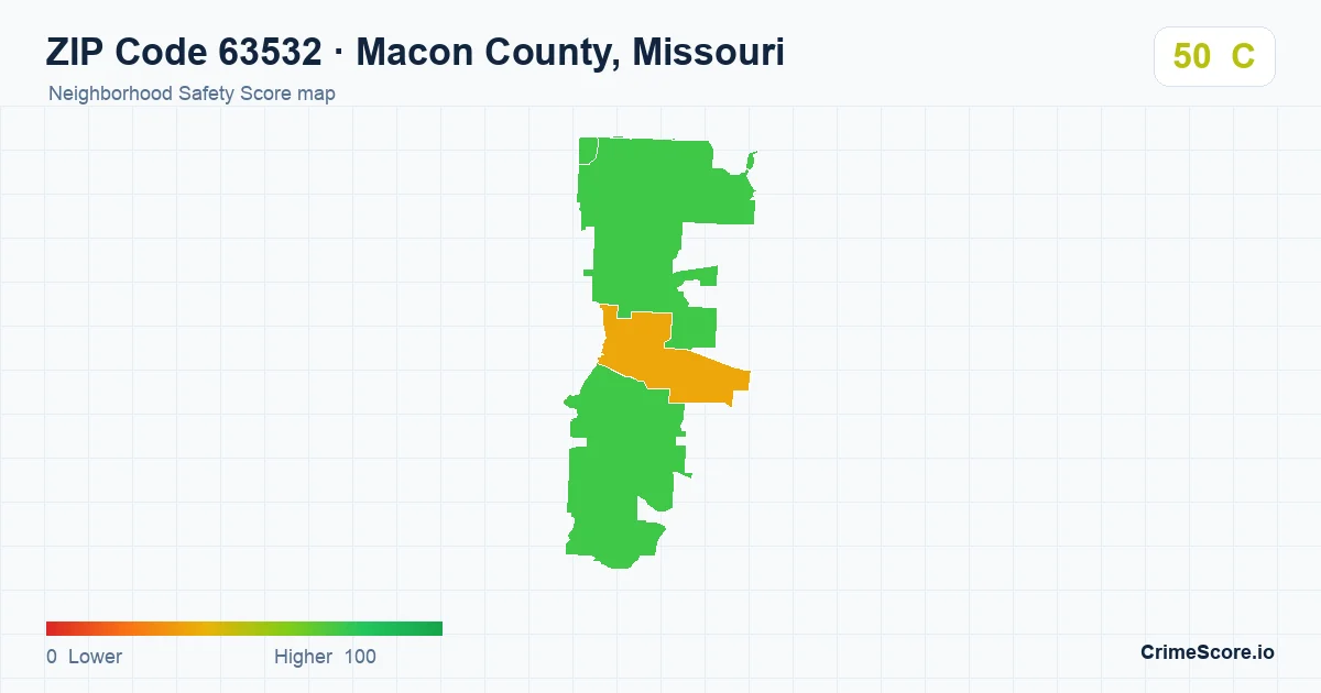 ZIP Code 63532 in Macon County, Missouri neighborhood Safety Score map