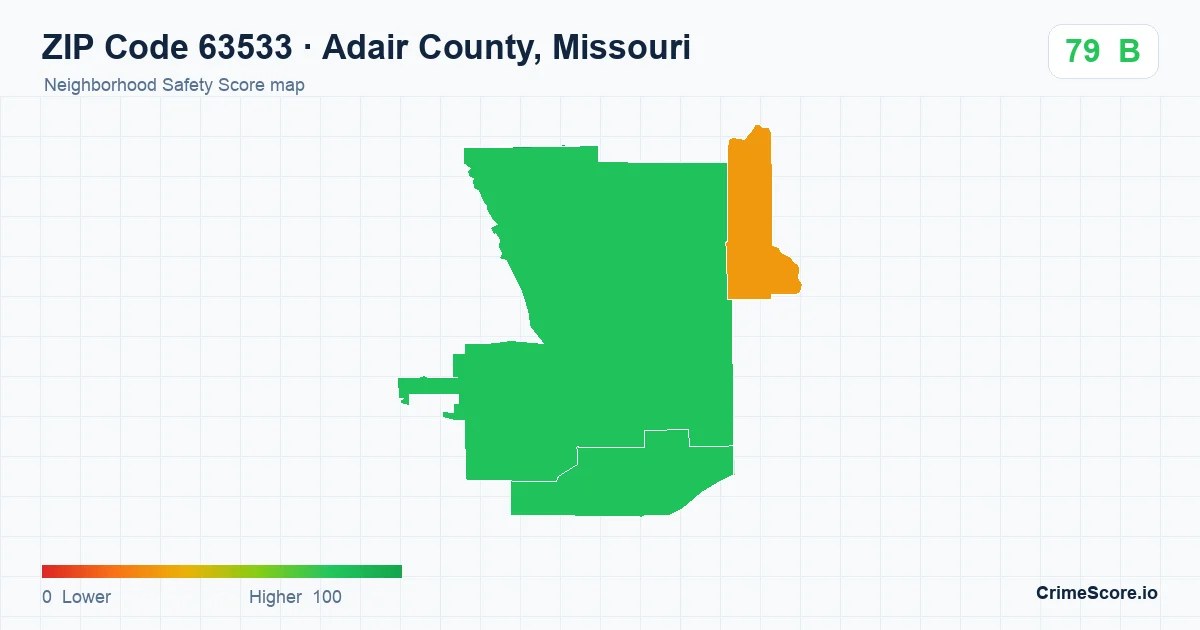 ZIP Code 63533 in Adair County, Missouri neighborhood Safety Score map
