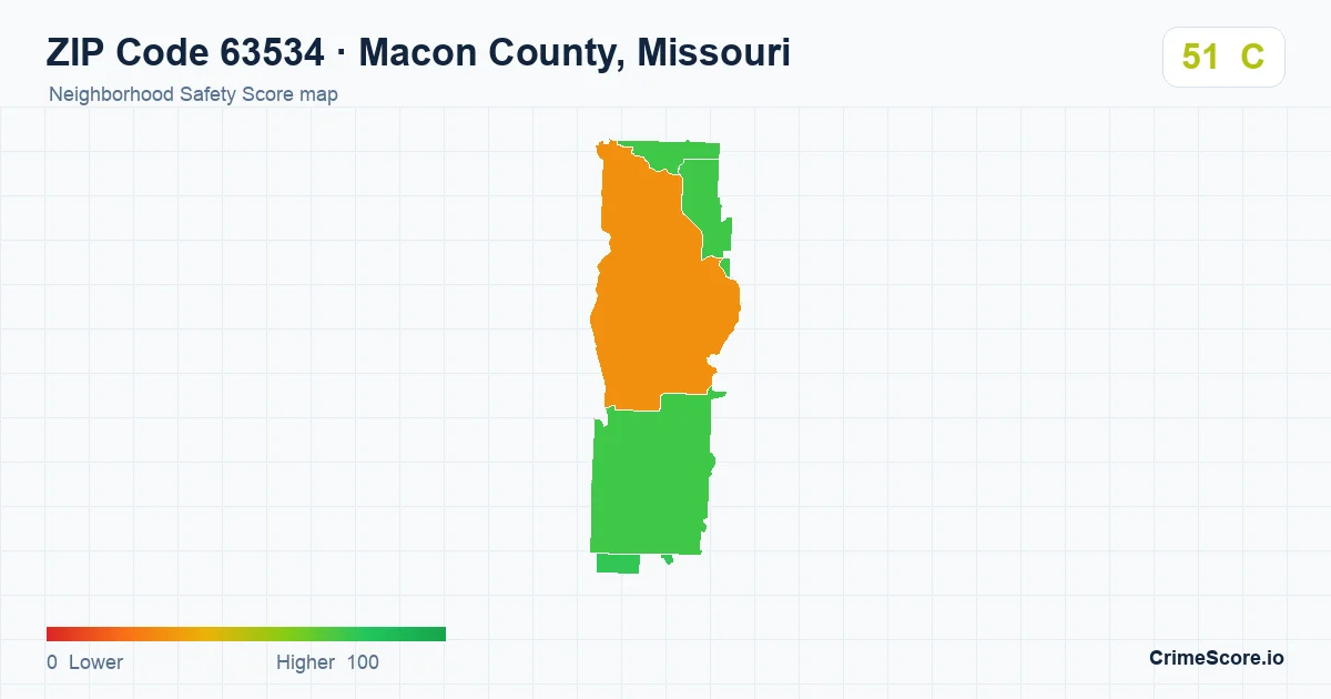 ZIP Code 63534 in Macon County, Missouri neighborhood Safety Score map