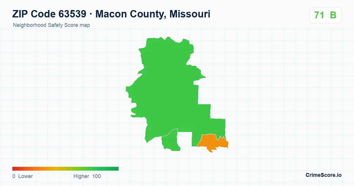 ZIP Code 63539 in Macon County, Missouri neighborhood Safety Score map