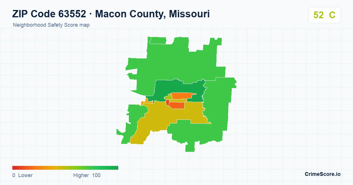 ZIP Code 63552 in Macon County, Missouri neighborhood Safety Score map
