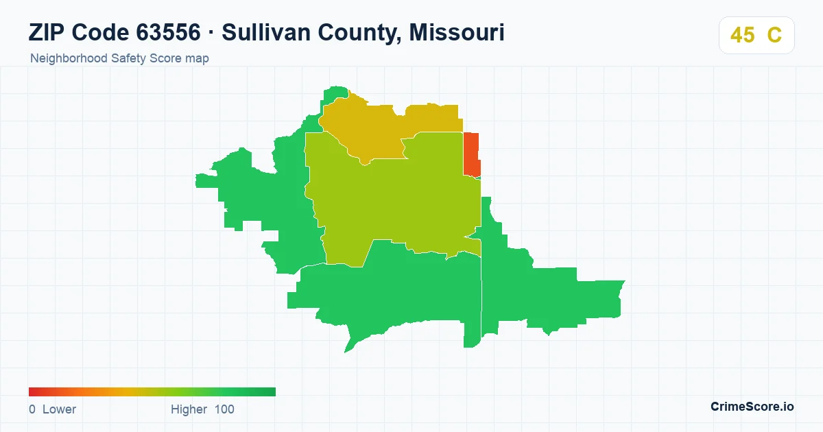 ZIP Code 63556 in Sullivan County, Missouri neighborhood Safety Score map
