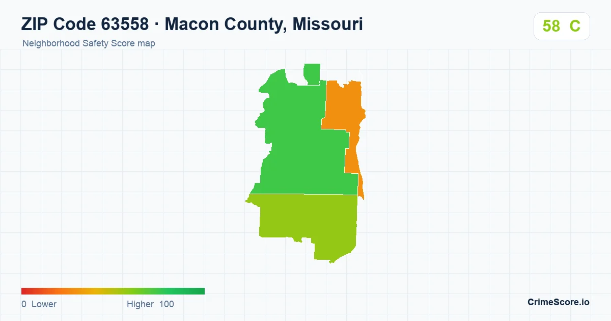 ZIP Code 63558 in Macon County, Missouri neighborhood Safety Score map