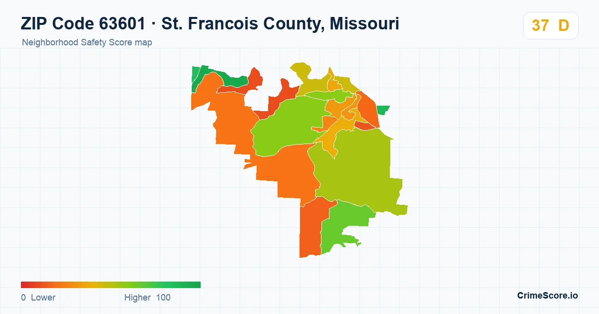 ZIP Code 63601 in St. Francois County, Missouri neighborhood Safety Score map