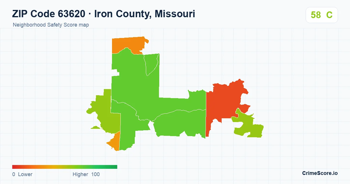 ZIP Code 63620 in Iron County, Missouri neighborhood Safety Score map