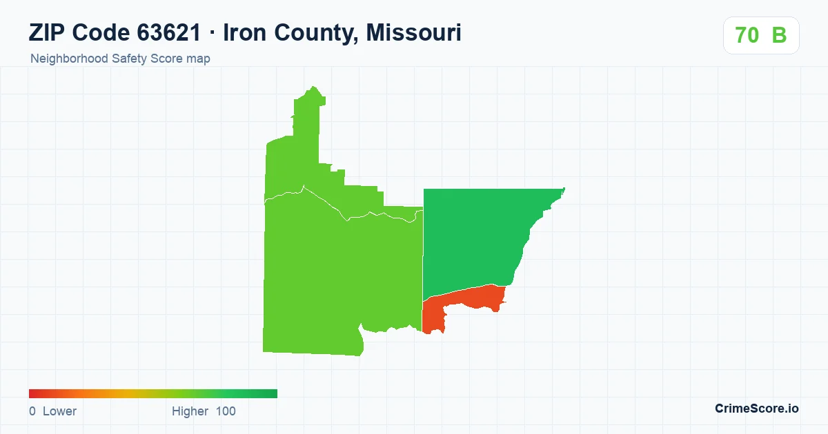 ZIP Code 63621 in Iron County, Missouri neighborhood Safety Score map