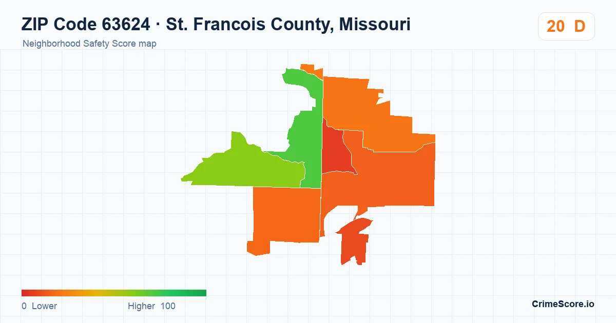 ZIP Code 63624 in St. Francois County, Missouri neighborhood Safety Score map