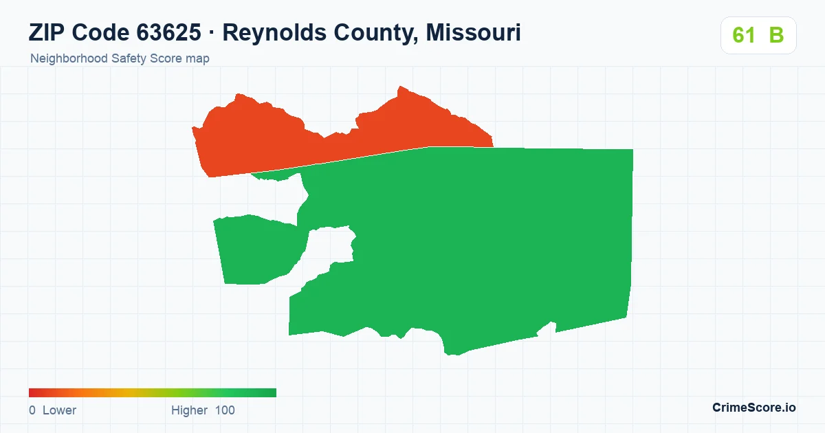 ZIP Code 63625 in Reynolds County, Missouri neighborhood Safety Score map