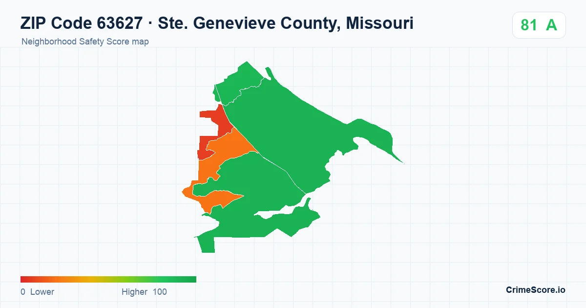 ZIP Code 63627 in Ste. Genevieve County, Missouri neighborhood Safety Score map