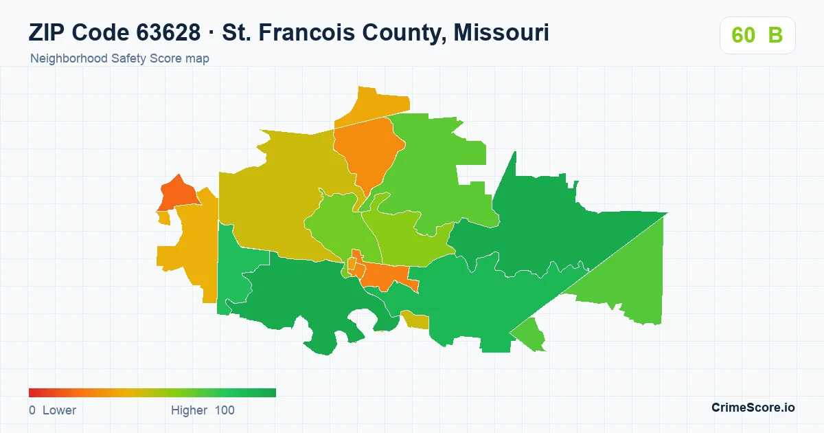 ZIP Code 63628 in St. Francois County, Missouri neighborhood Safety Score map