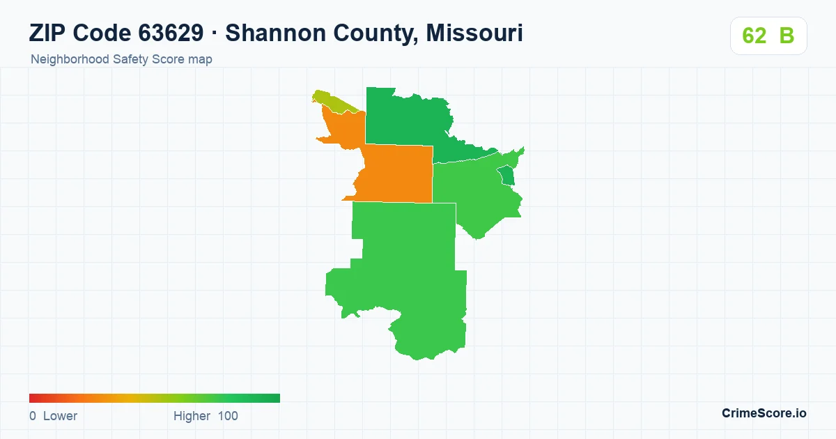 ZIP Code 63629 in Shannon County, Missouri neighborhood Safety Score map