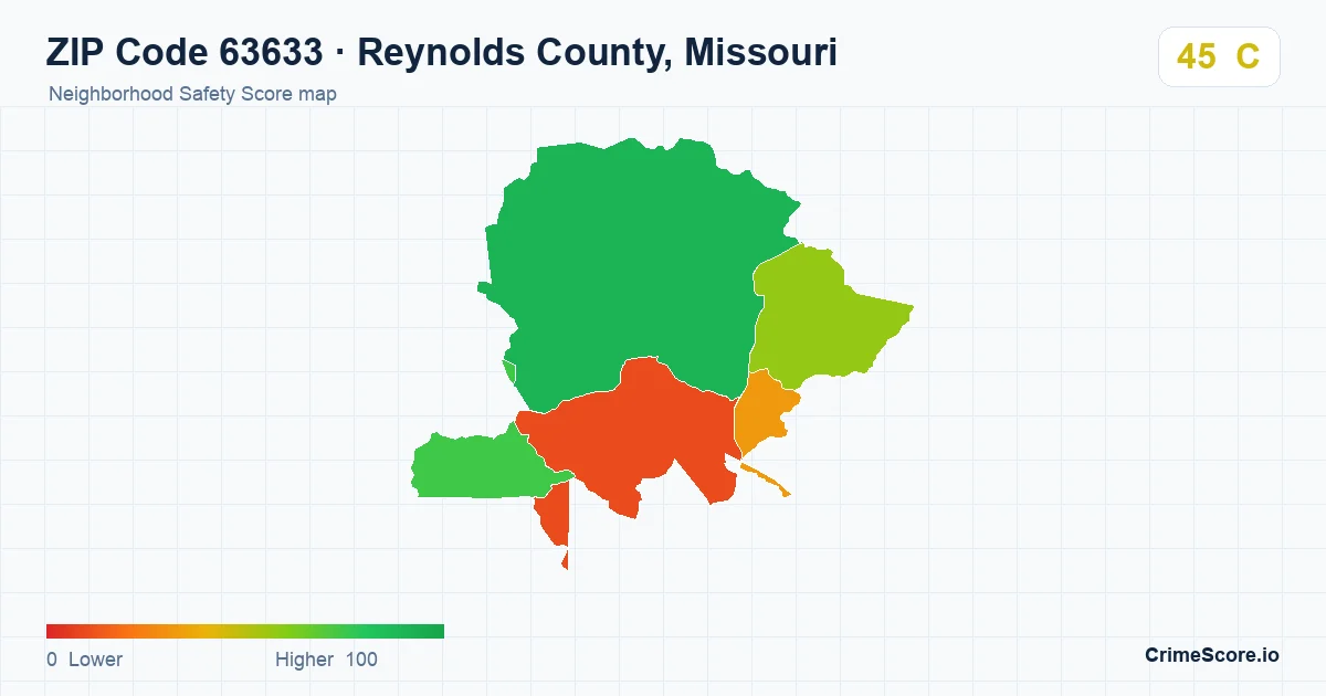 ZIP Code 63633 in Reynolds County, Missouri neighborhood Safety Score map
