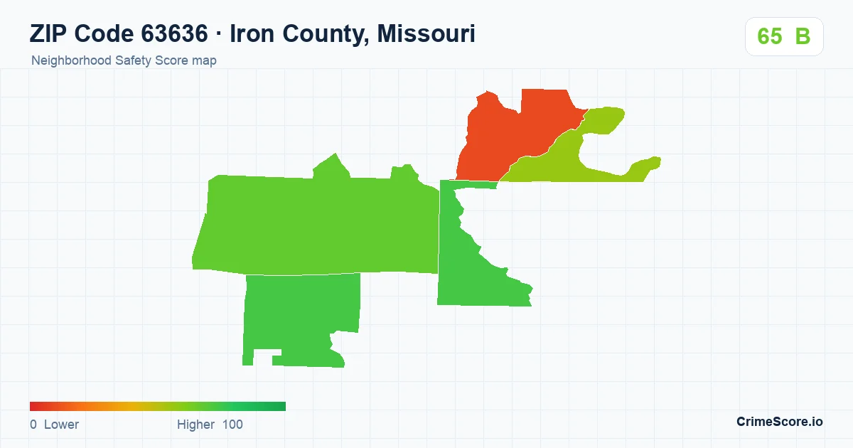 ZIP Code 63636 in Iron County, Missouri neighborhood Safety Score map