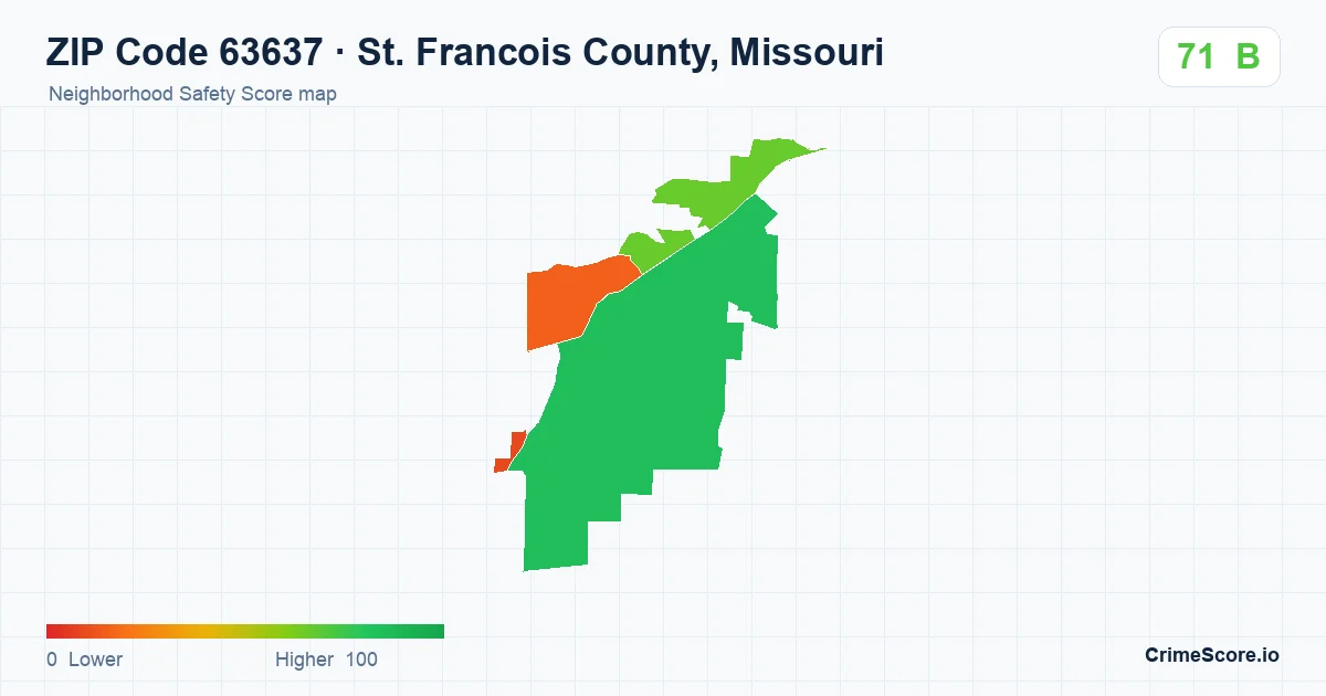 ZIP Code 63637 in St. Francois County, Missouri neighborhood Safety Score map