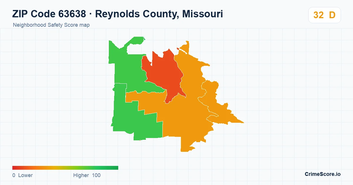 ZIP Code 63638 in Reynolds County, Missouri neighborhood Safety Score map