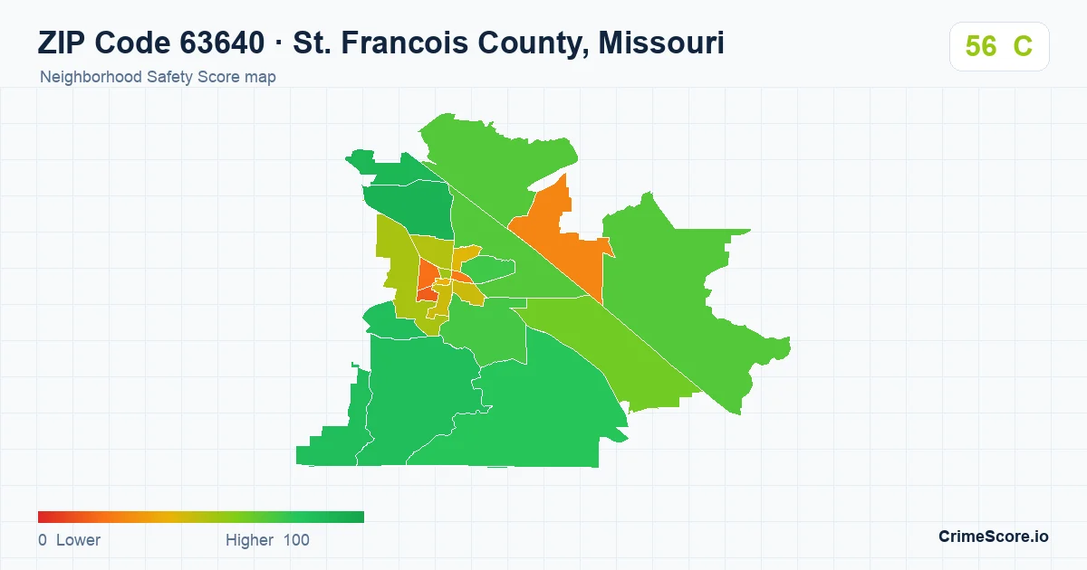 ZIP Code 63640 in St. Francois County, Missouri neighborhood Safety Score map