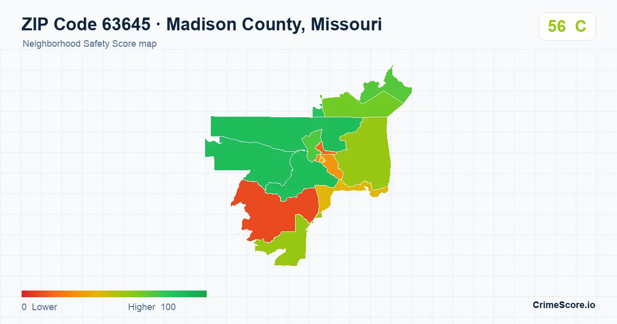 ZIP Code 63645 in Madison County, Missouri neighborhood Safety Score map