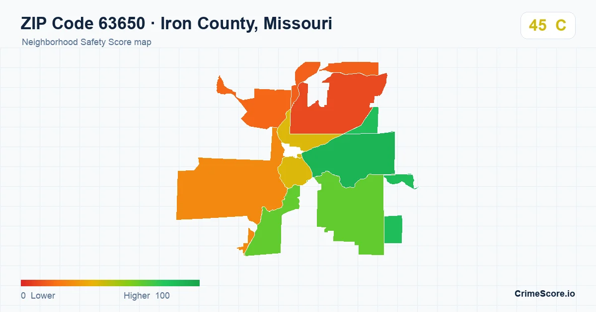 ZIP Code 63650 in Iron County, Missouri neighborhood Safety Score map