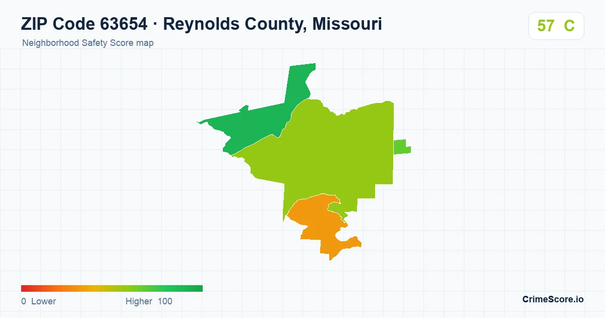 ZIP Code 63654 in Reynolds County, Missouri neighborhood Safety Score map