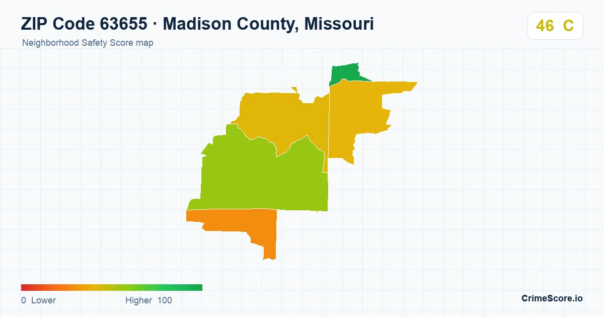 ZIP Code 63655 in Madison County, Missouri neighborhood Safety Score map