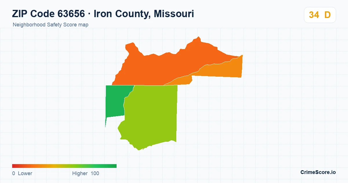 ZIP Code 63656 in Iron County, Missouri neighborhood Safety Score map