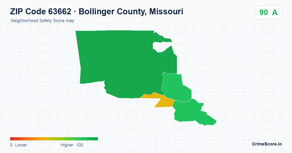 ZIP Code 63662 in Bollinger County, Missouri neighborhood Safety Score map