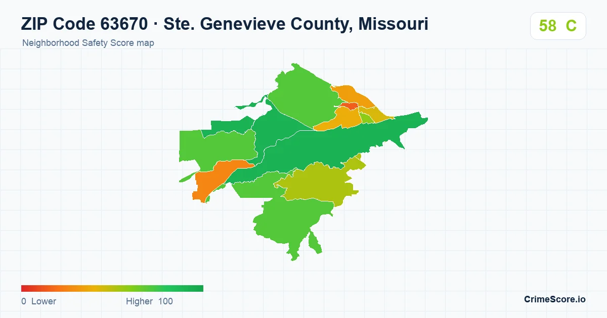 ZIP Code 63670 in Ste. Genevieve County, Missouri neighborhood Safety Score map