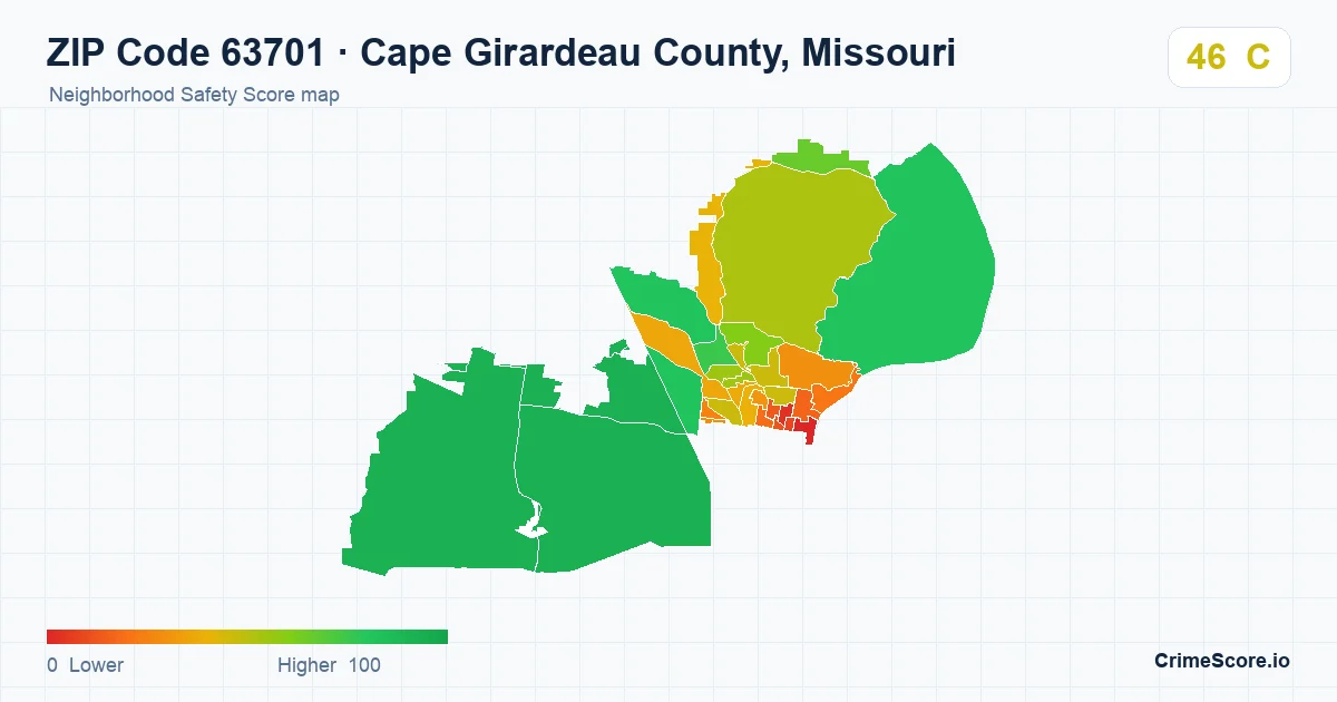 ZIP Code 63701 in Cape Girardeau County, Missouri neighborhood Safety Score map