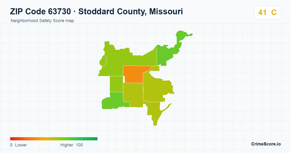 ZIP Code 63730 in Stoddard County, Missouri neighborhood Safety Score map