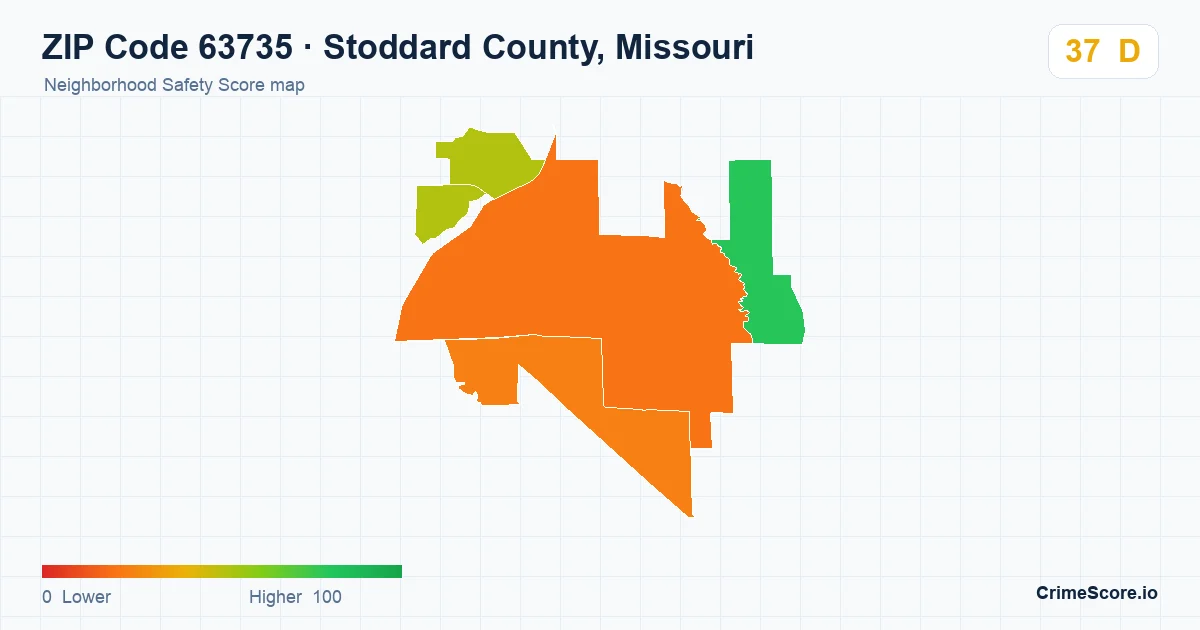 ZIP Code 63735 in Stoddard County, Missouri neighborhood Safety Score map
