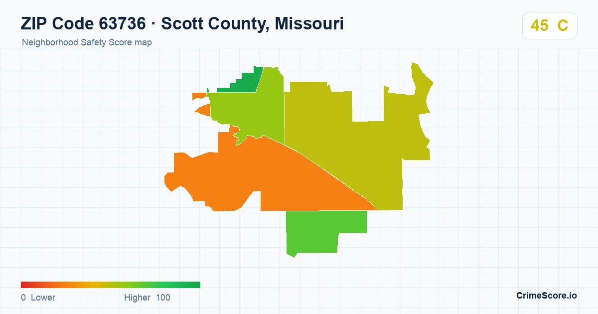 ZIP Code 63736 in Scott County, Missouri neighborhood Safety Score map