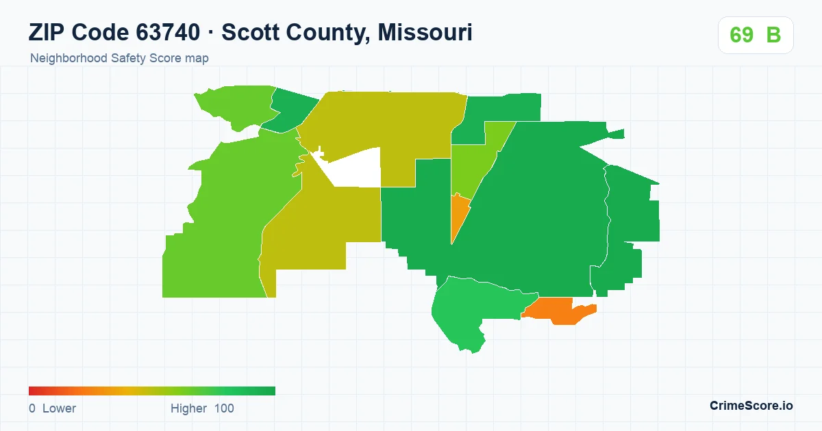 ZIP Code 63740 in Scott County, Missouri neighborhood Safety Score map