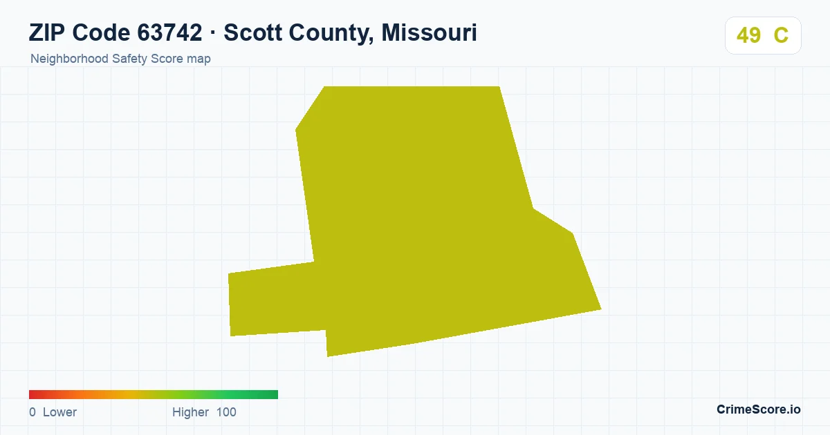 ZIP Code 63742 in Scott County, Missouri neighborhood Safety Score map