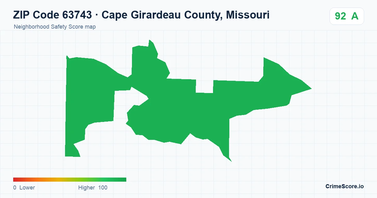 ZIP Code 63743 in Cape Girardeau County, Missouri neighborhood Safety Score map