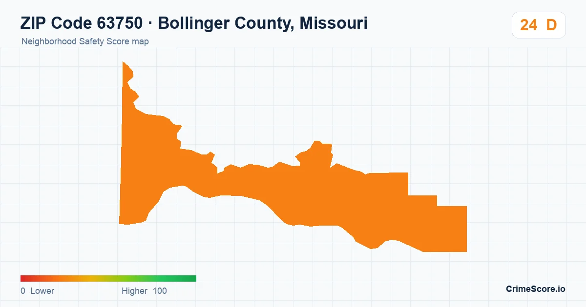 ZIP Code 63750 in Bollinger County, Missouri neighborhood Safety Score map