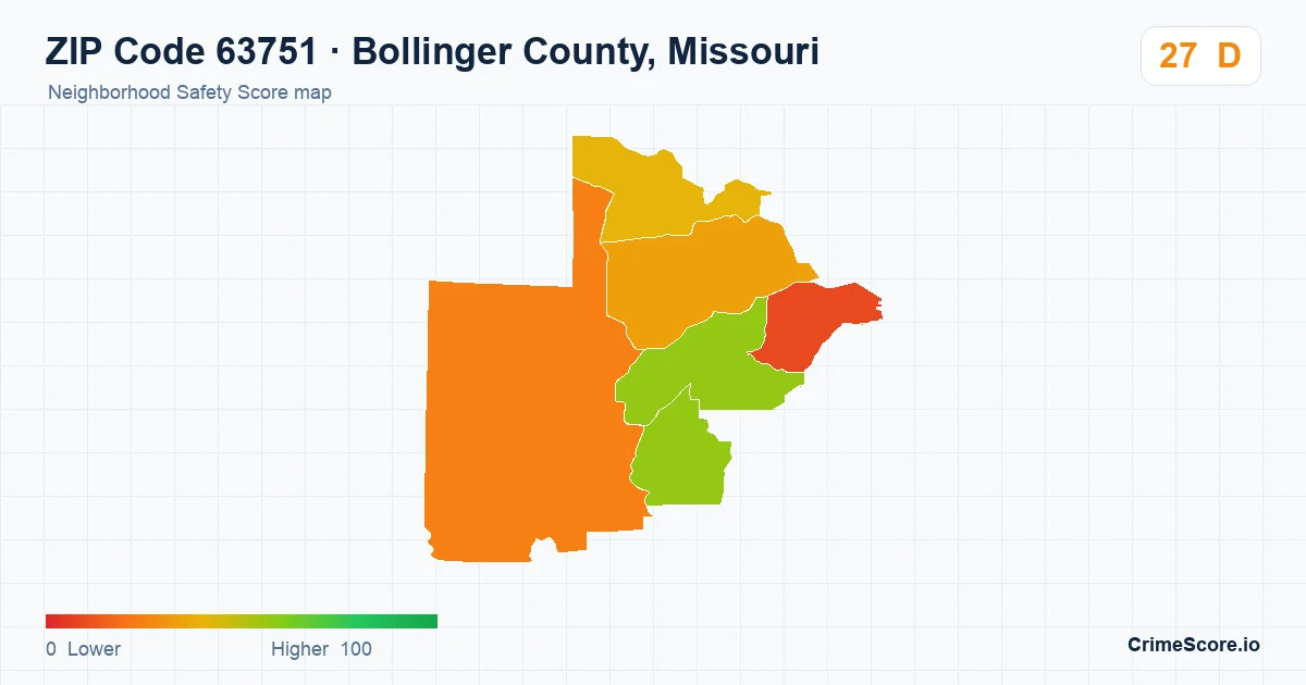 ZIP Code 63751 in Bollinger County, Missouri neighborhood Safety Score map