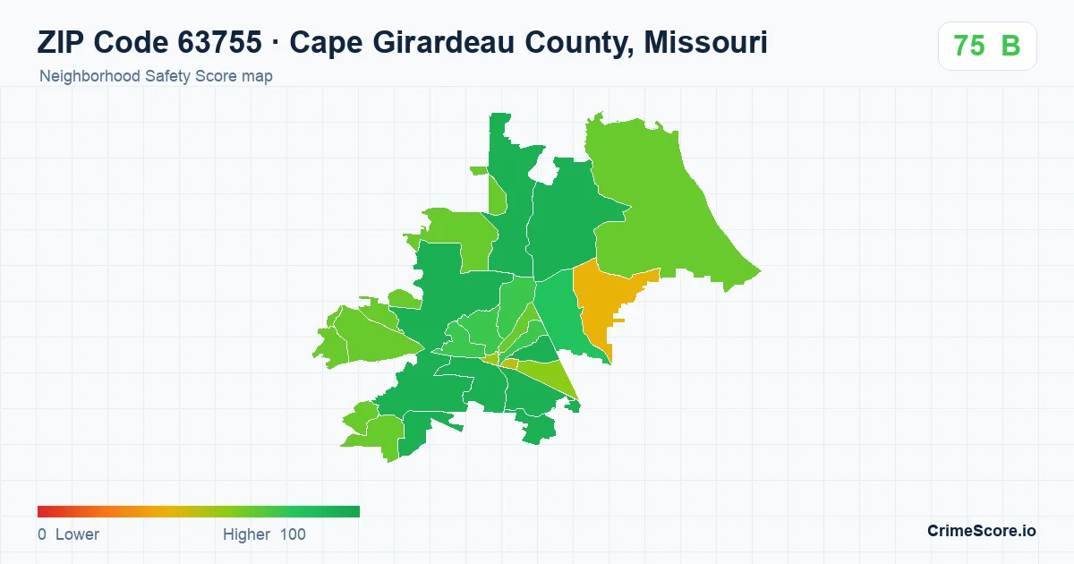 ZIP Code 63755 in Cape Girardeau County, Missouri neighborhood Safety Score map
