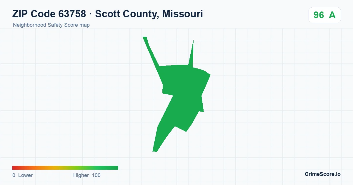 ZIP Code 63758 in Scott County, Missouri neighborhood Safety Score map
