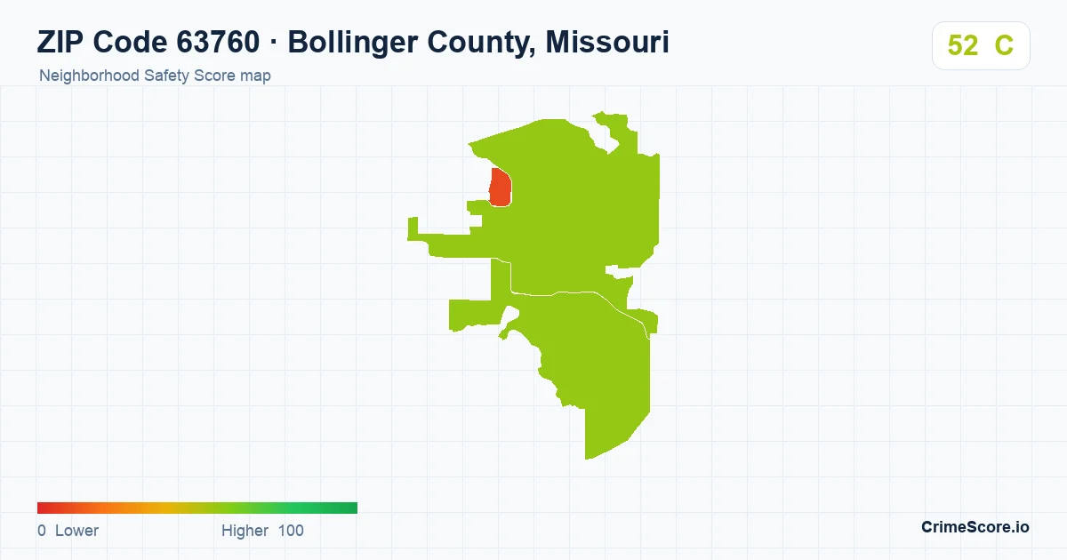 ZIP Code 63760 in Bollinger County, Missouri neighborhood Safety Score map