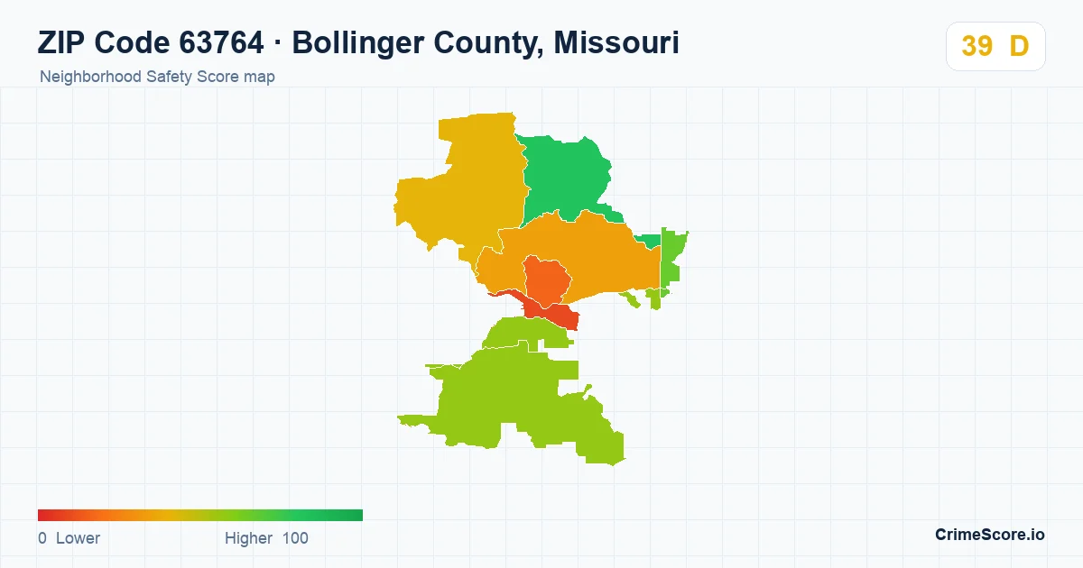 ZIP Code 63764 in Bollinger County, Missouri neighborhood Safety Score map