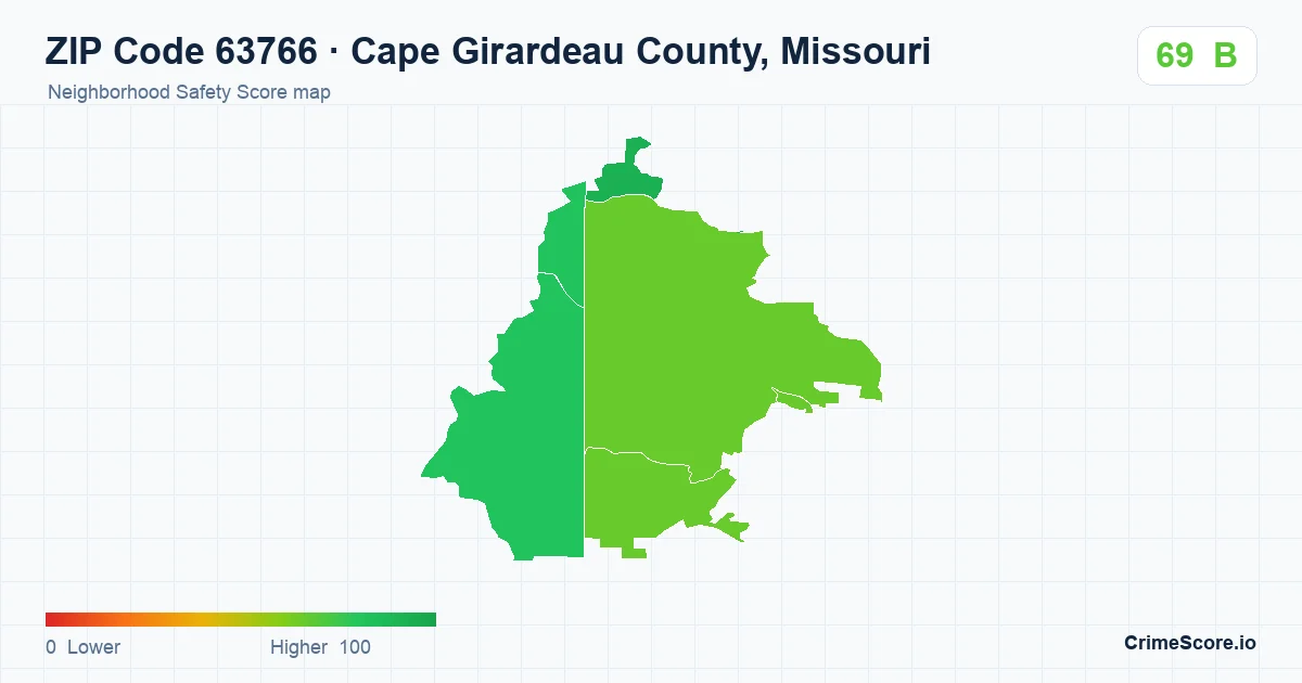 ZIP Code 63766 in Cape Girardeau County, Missouri neighborhood Safety Score map