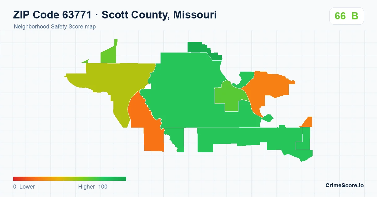 ZIP Code 63771 in Scott County, Missouri neighborhood Safety Score map