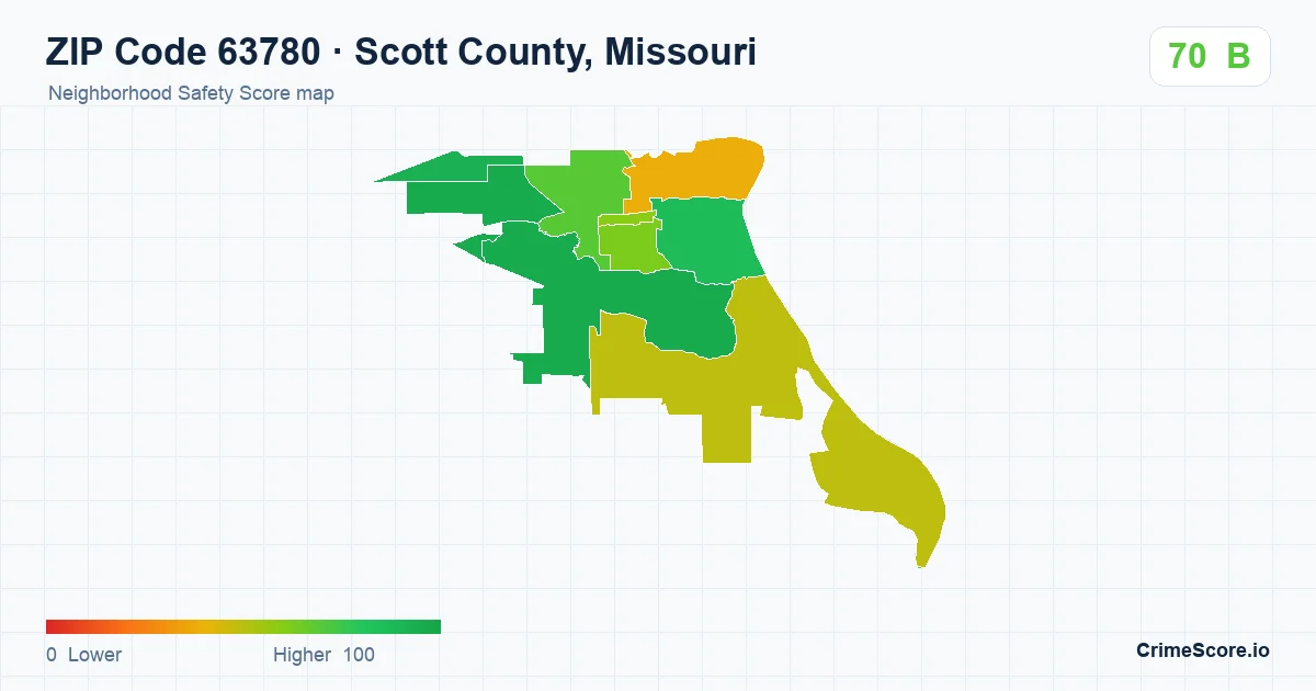 ZIP Code 63780 in Scott County, Missouri neighborhood Safety Score map